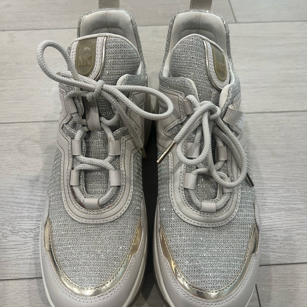 Michael Kors gold and off white Sneakers with shimmery fabric.